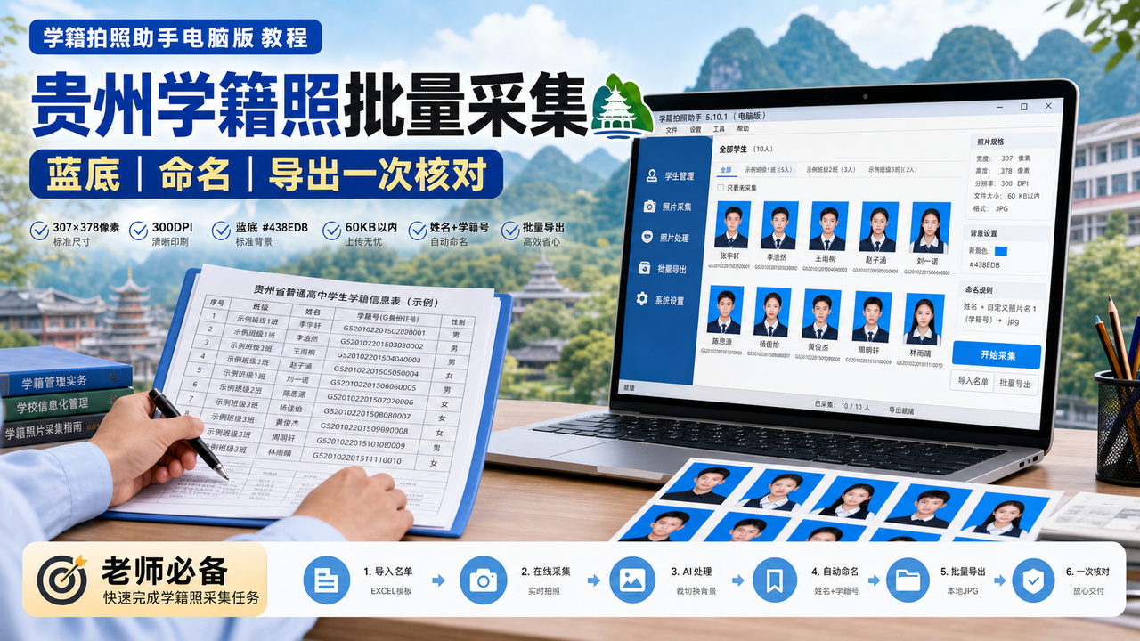 贵州省中小学临时接手学籍照不知道从哪开始?学籍拍照助手电脑版导入名单AI裁切导出