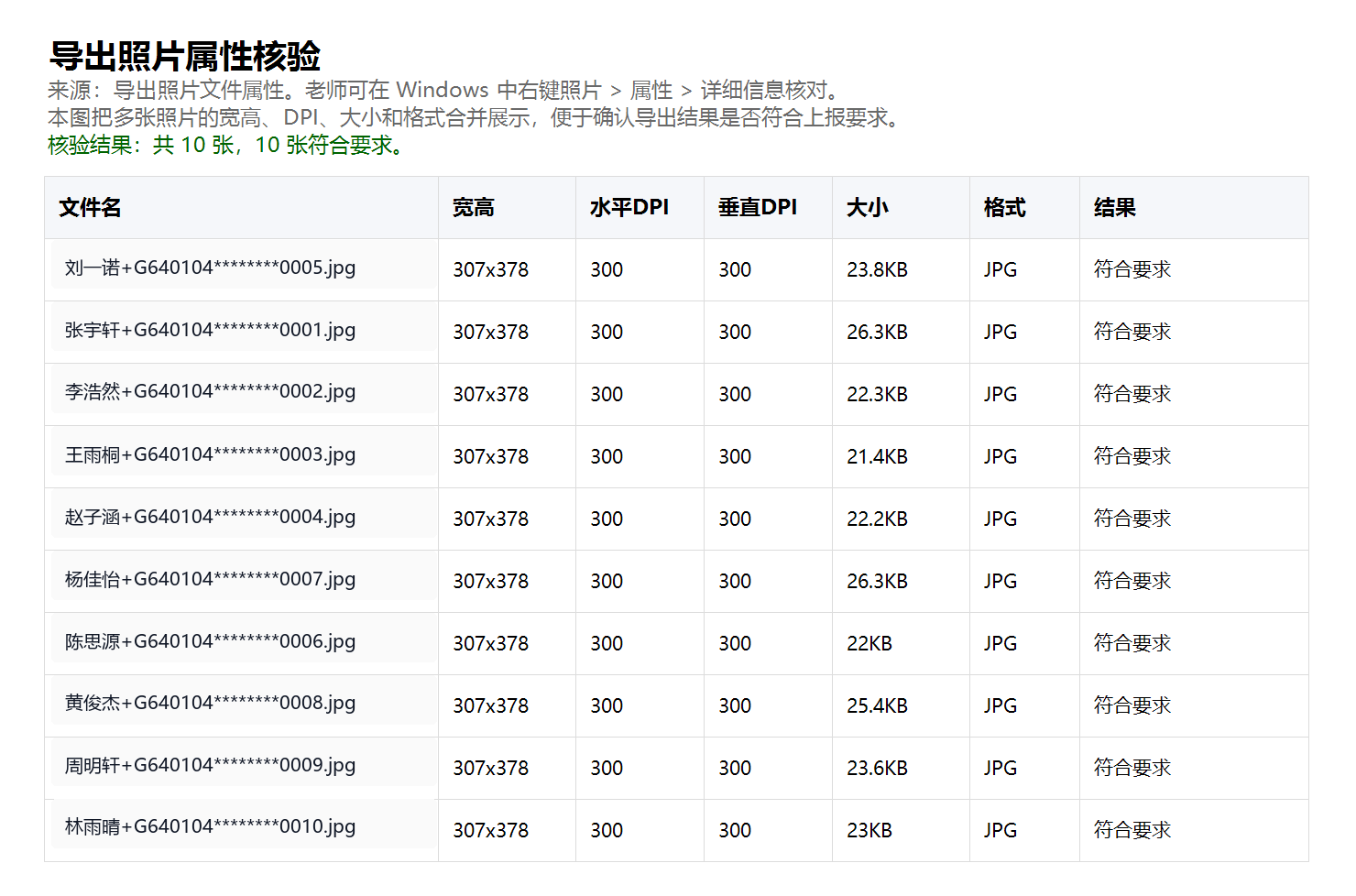 导出照片文件属性核验