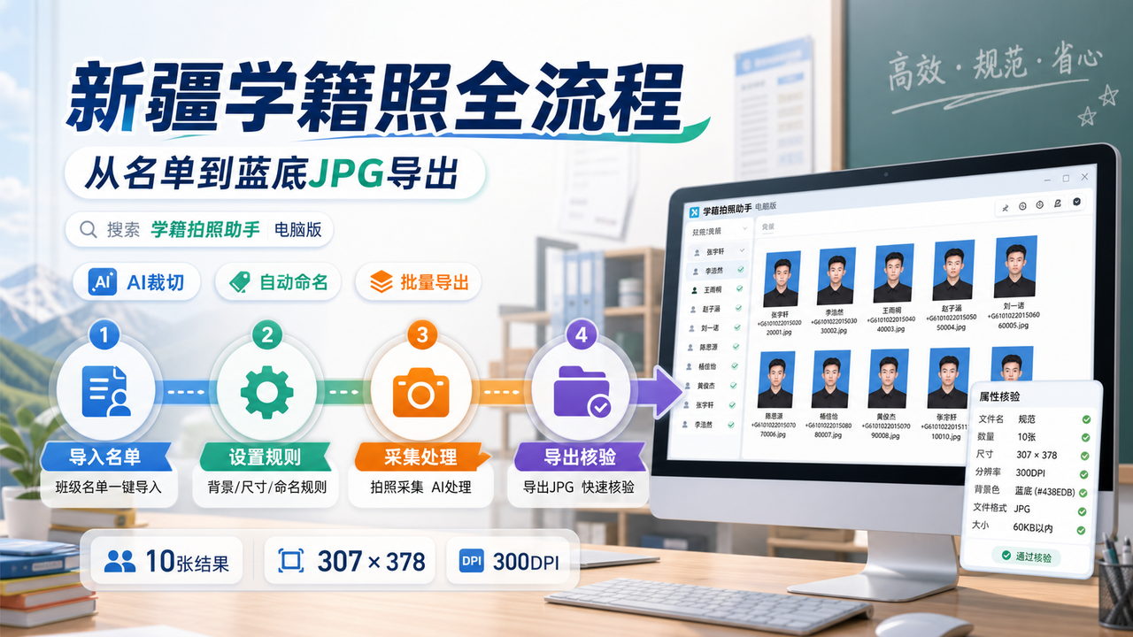 新疆维吾尔自治区中小学学籍照采集通知来了,学籍拍照助手电脑版按名单收齐AI裁切后分班导出