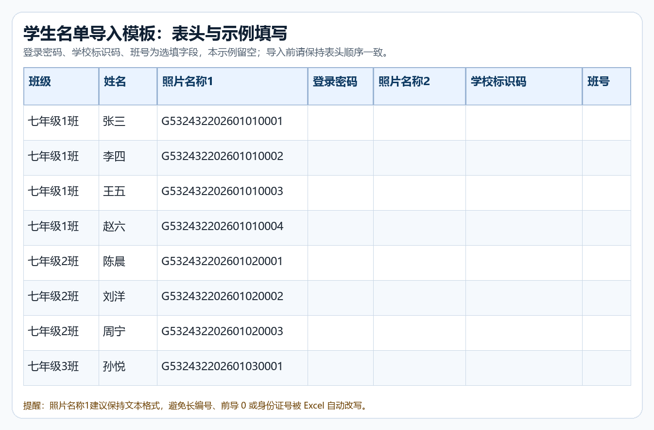 学生名单导入模板表头与示例填写图